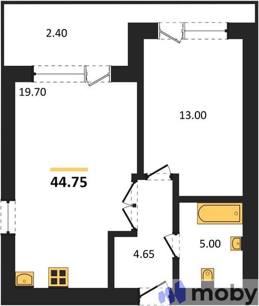 1-комнатная квартира, 44.8 м²
