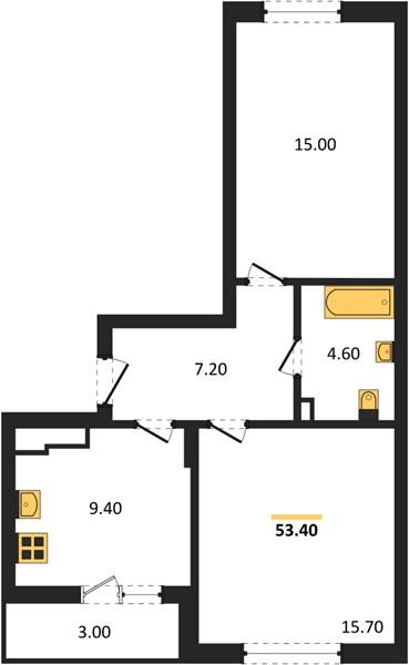 2-комнатная квартира, 53.4 м²