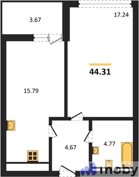 1-комнатная квартира, 44.3 м²