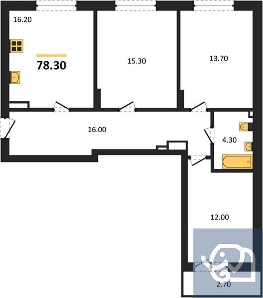 3-комнатная квартира, 78.3 м²
