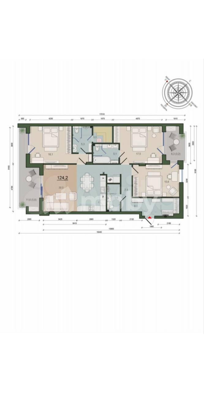 3-комнатная квартира, 124.8 м²