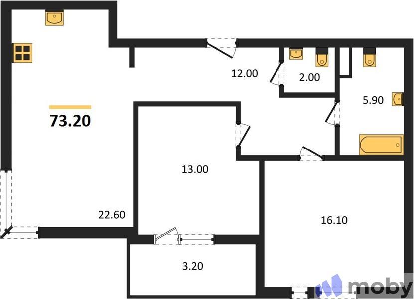 2-комнатная квартира, 73.2 м²
