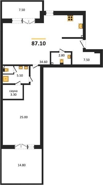 1-комнатная квартира, 87.1 м²