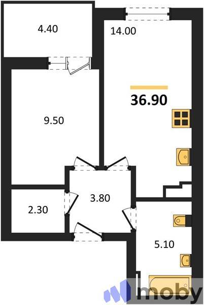 1-комнатная квартира, 36.9 м²