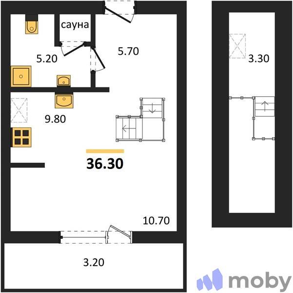 1-комнатная квартира, 36.3 м²