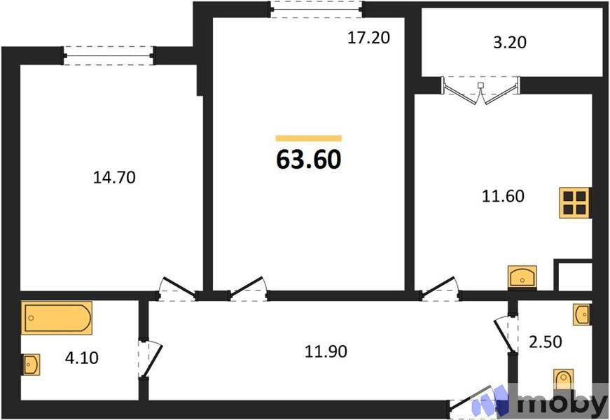 2-комнатная квартира, 63.6 м²