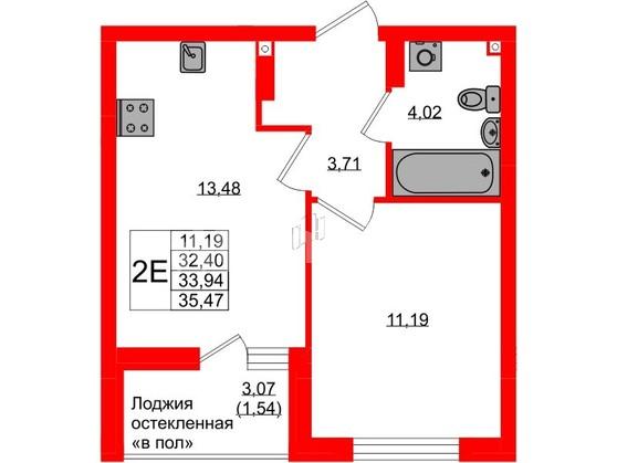 1-комнатная квартира, 33.9 м²