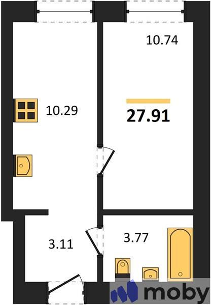 1-комнатная квартира, 27.9 м²