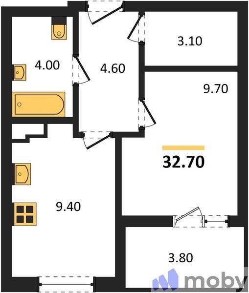 1-комнатная квартира, 32.7 м²