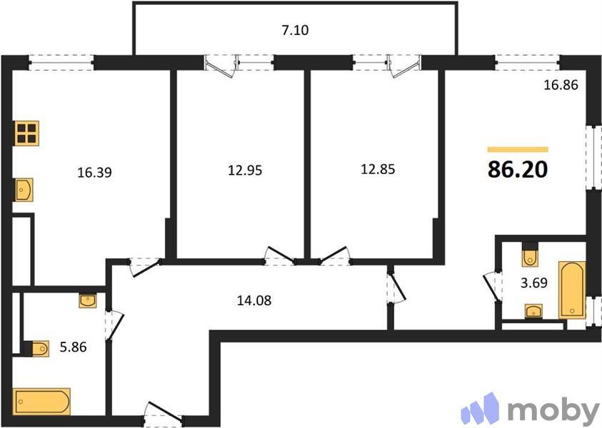 3-комнатная квартира, 86.2 м²