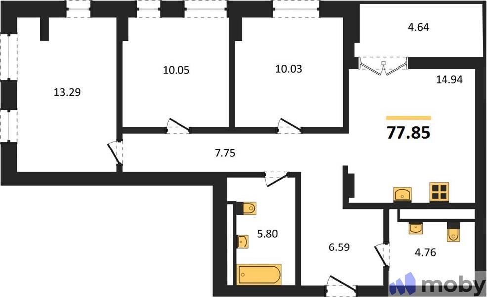 3-комнатная квартира, 75.4 м²