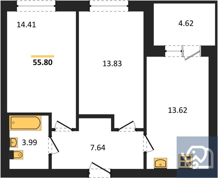 2-комнатная квартира, 56.2 м²