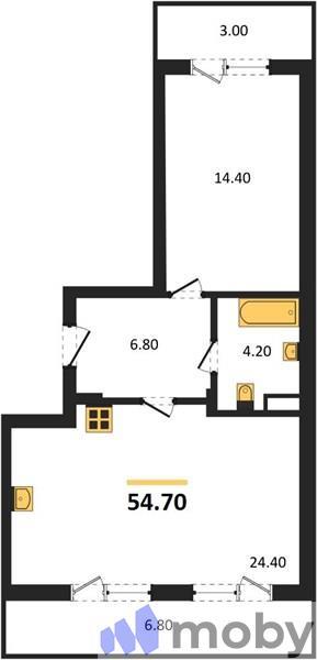 1-комнатная квартира, 54.7 м²