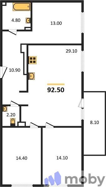 3-комнатная квартира, 92.5 м²