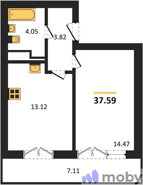 1-комнатная квартира, 37.6 м²