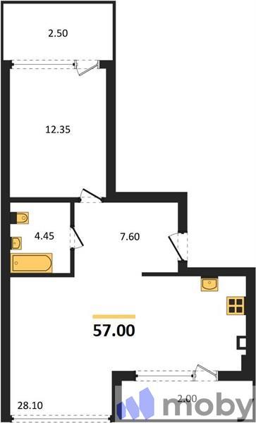 1-комнатная квартира, 57.0 м²