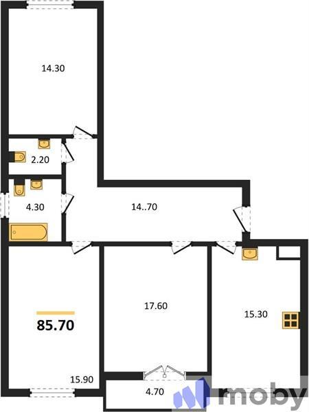 3-комнатная квартира, 85.7 м²