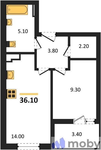 1-комнатная квартира, 36.1 м²