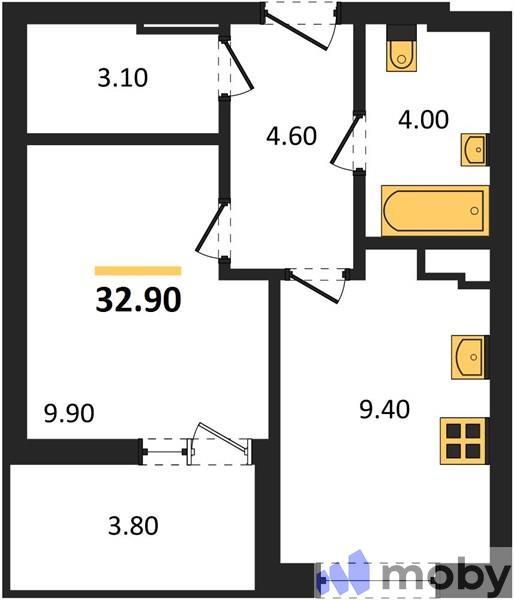 1-комнатная квартира, 32.9 м²
