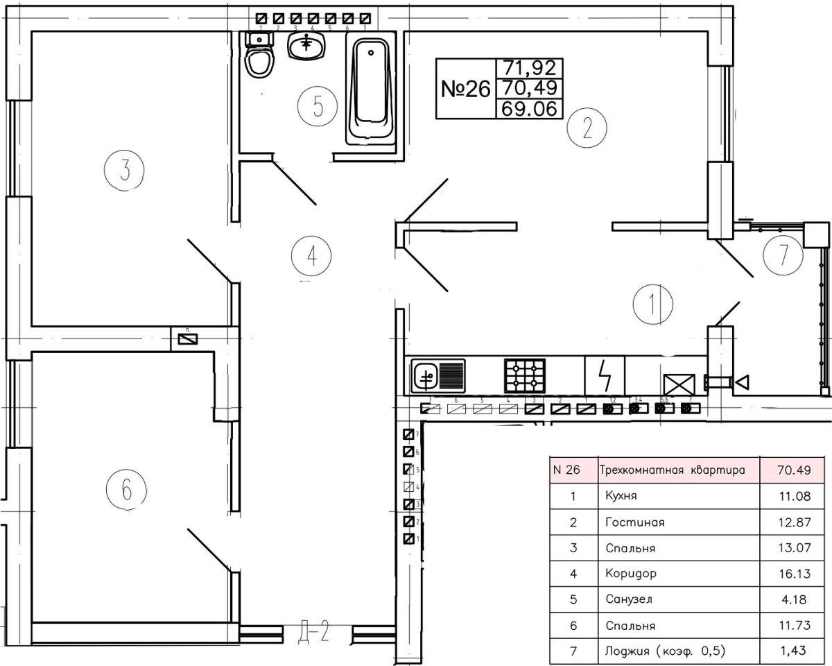 3-комнатная квартира, 70.5 м²