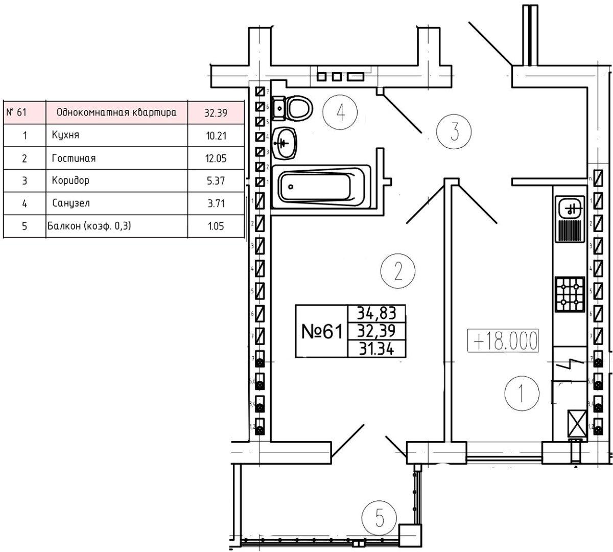 1-комнатная квартира, 32.4 м²