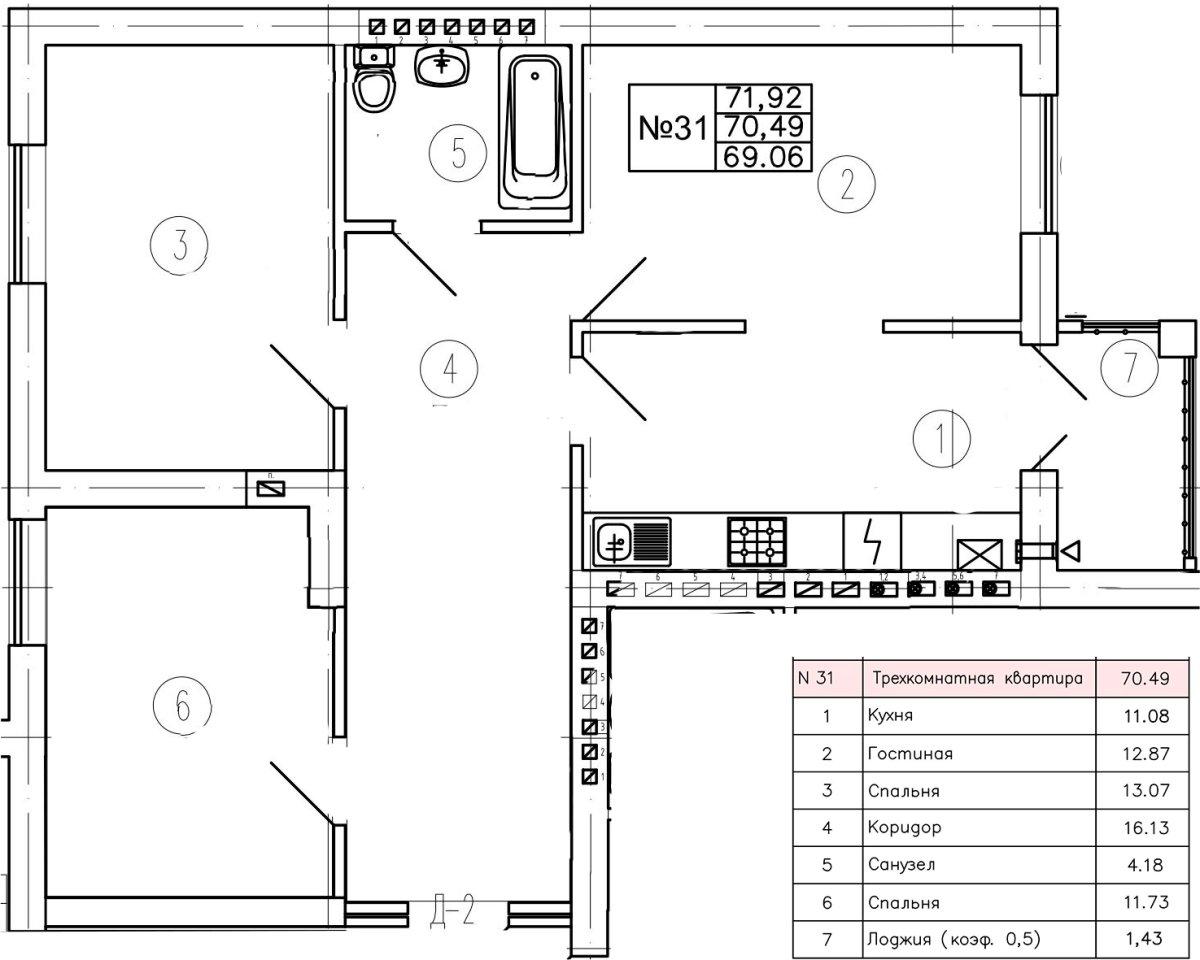 3-комнатная квартира, 70.5 м²